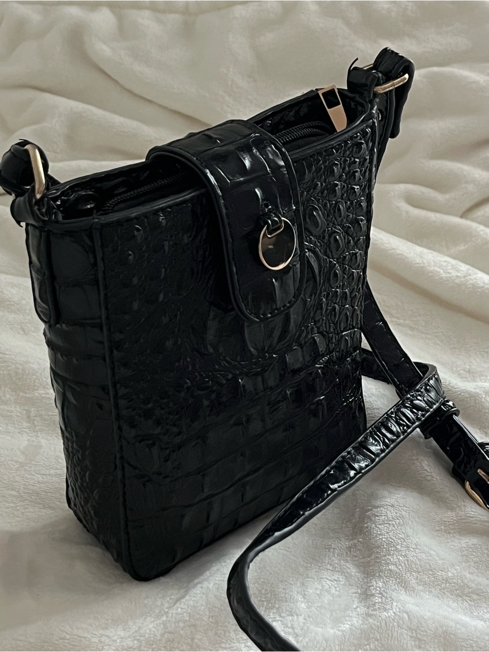 Classic Croc-Embossed Black Crossbody Bag